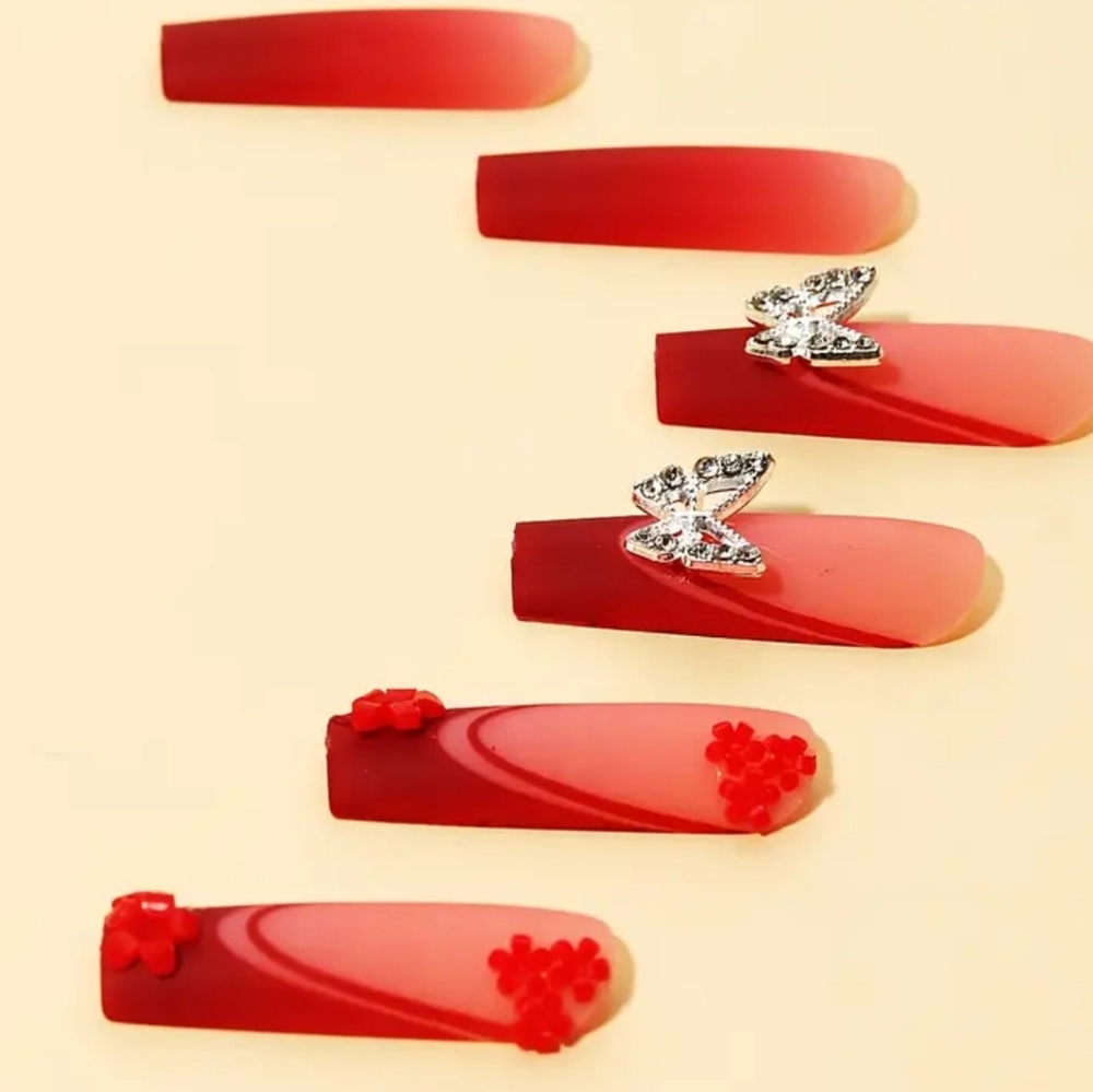 BEAUTIFUL NAIL Red Ombre False Nails with Buterffly Accents